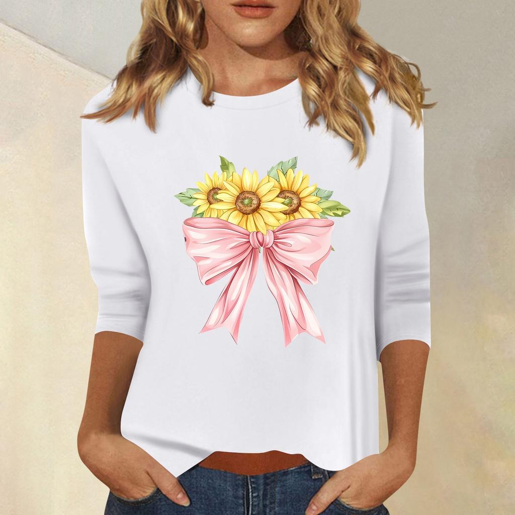 Женская мода повседневный принтованный топ с семью рукавами и круглым вырезом