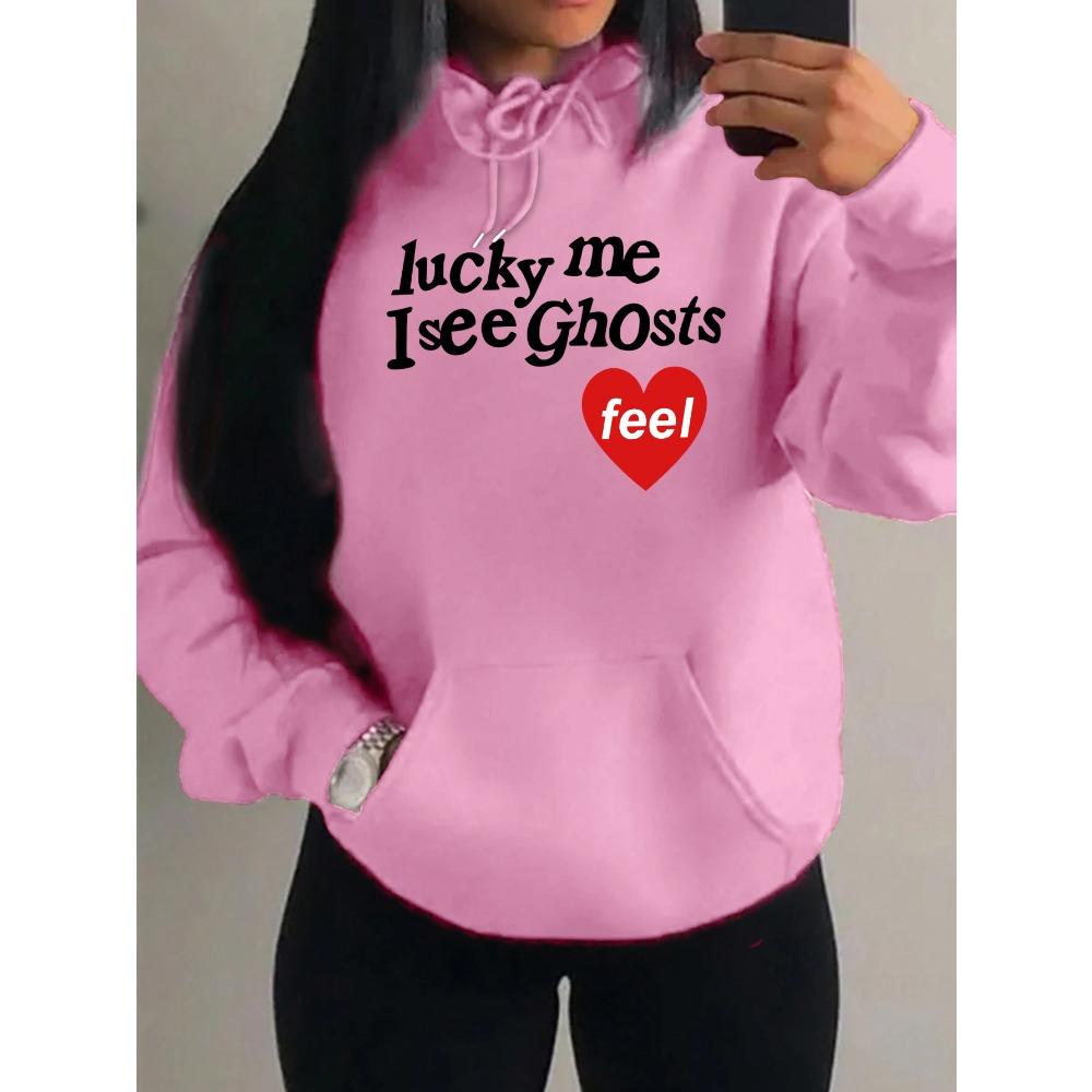 Счастливая Я Вижу Призраков Арт Письмо Узор Женское Худи Осень Многоцветные Толстовки Уличная Одежда Флис Карманное Худи