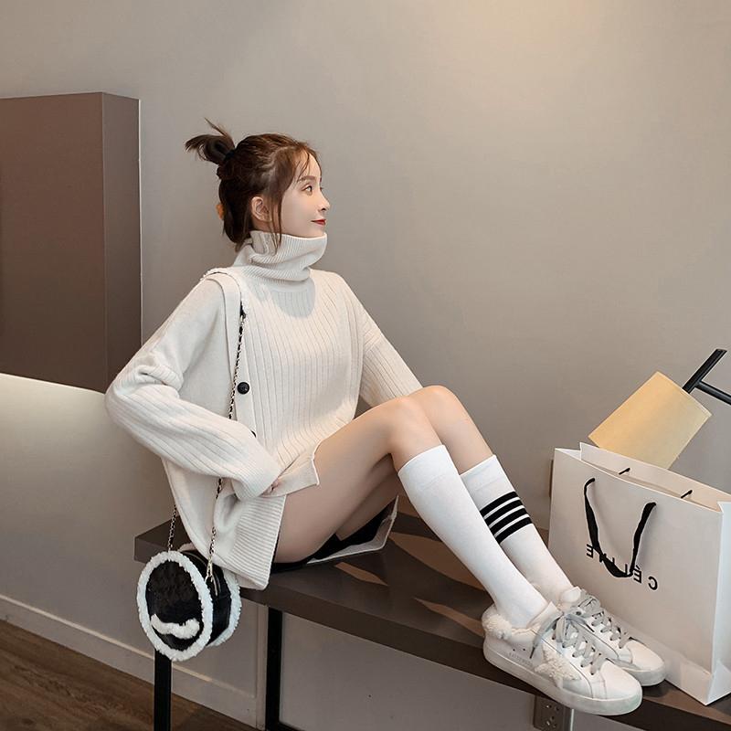 Однотонный вязаный свитер с высоким воротником, женский свободный свободный свитер с разрезом по бокам, женский пуловер с ленивым ветром, весна 2022 г.