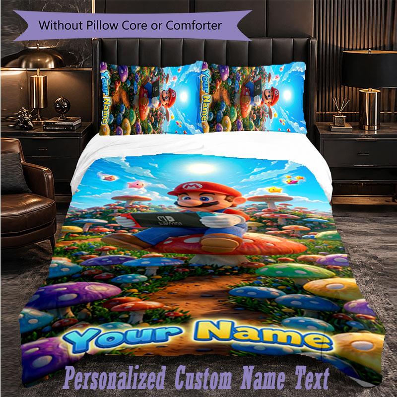 Personalized 3Pcs Bedding SetSuper Mario Custom Text Duvet Cover Pillowcase Set Bedroom Gift