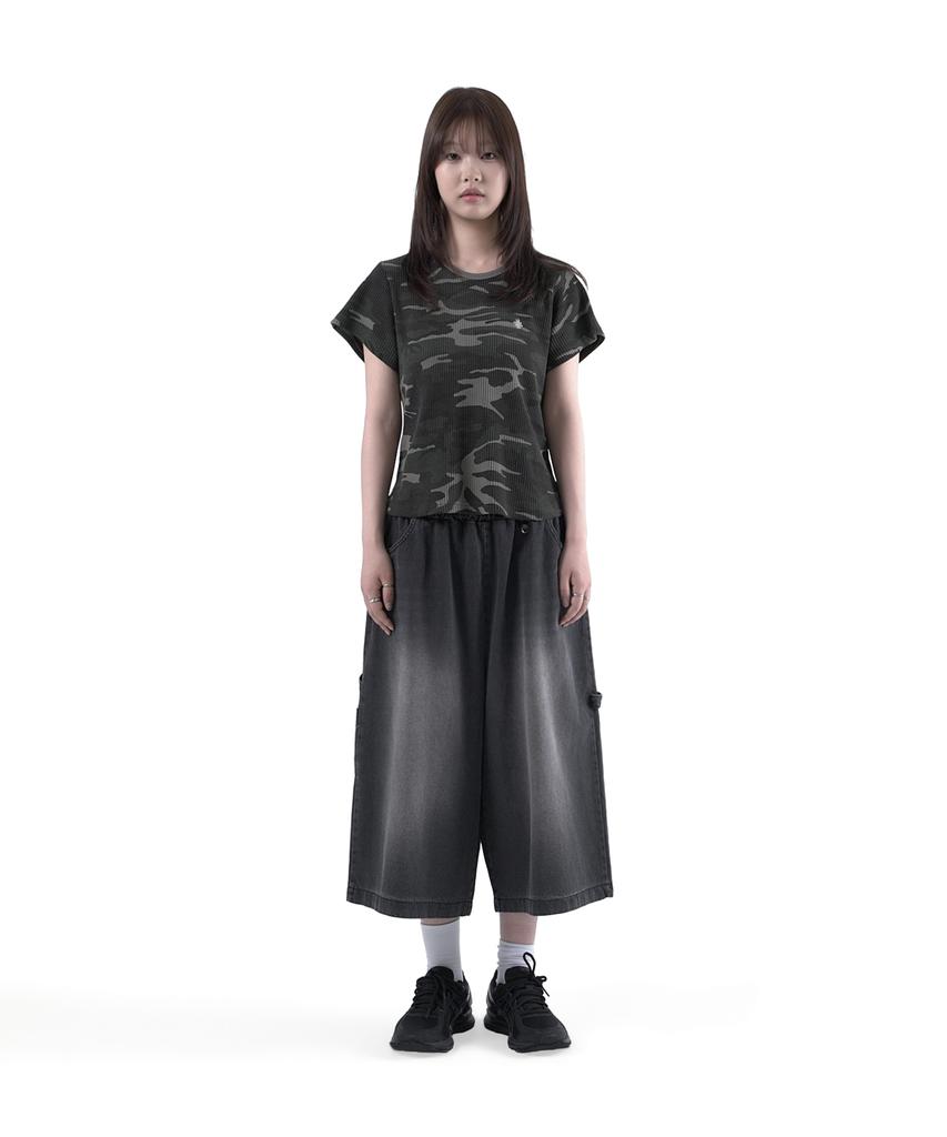SLOW RECORD HOUSE Logo Waffle Crop T-Shirt_Camo (Khaki)