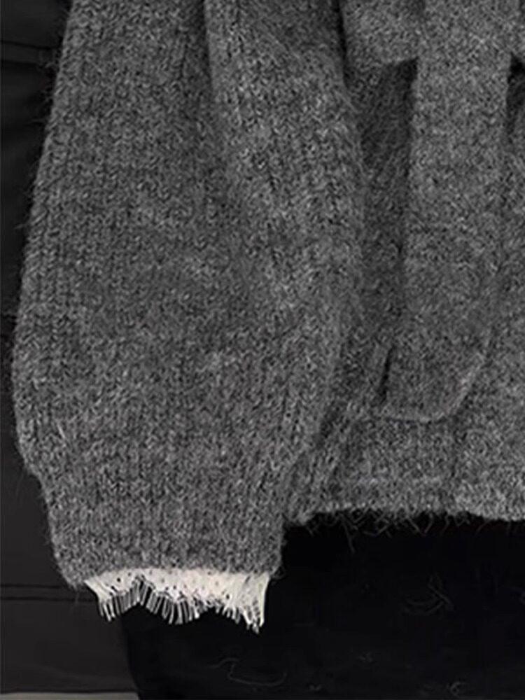 Französisches Spitzen-Patchwork V-Ausschnitt Zweiteiliger Grauer Pullover - Hochwertige Herbst/Winter Strickware für Damen