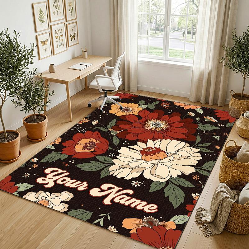 Floral Garden Theme Crystal Velvet Rug Personalized Custom Name Text Soft Floor Mat Home Decor