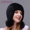 Mink Hat Real Natural Mink Fur Close Woven Hat Women Winter Cap Fox Fur Pom Poms Thick And Warm