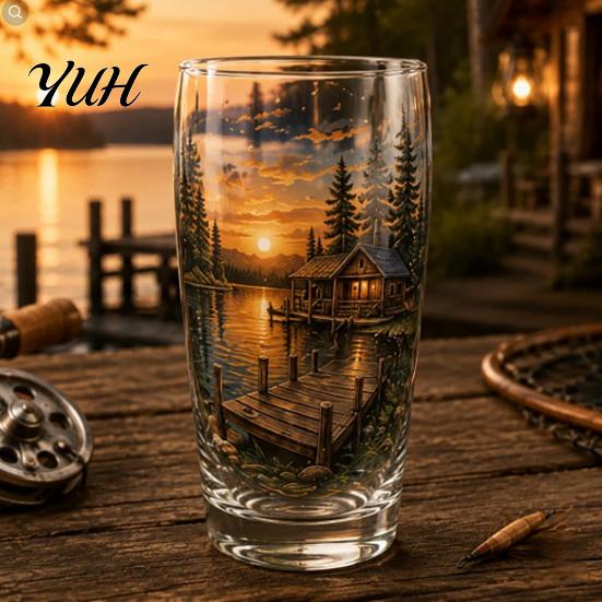 Mountain Scenery Cups Fishing Pint Glass Cup, Realistic Jumping Fish Pattern Design, Thickened Enthusiast Gifts Creative Cup for Outdoor Camping