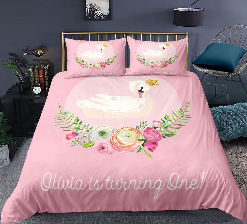 Swan Duvet Cover Set Rose Crown Comforter Cover Polyester Bedding Set Sweet Girl Romantic Quilt Cover Pink Red King Twin Size