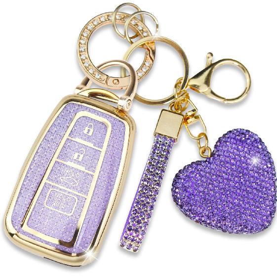 Key Fob Cover with Diamond Keychain for Toyota Car Key Shell Compatible with 2018-2024 Highlander RAV4 Camry Avalon C-HR Corolla GT86 Full Cover