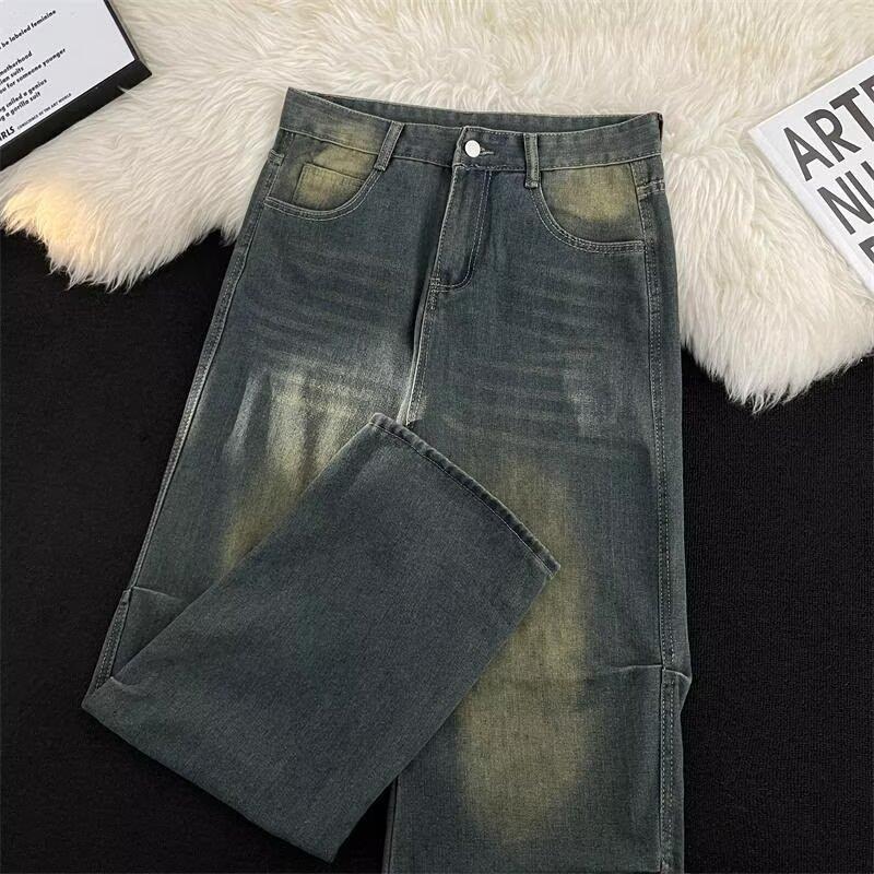 Autumn Straight Leg Jeans Men'S Washed Casual Trendy Brand High Street Design Sense, Rugged And Handsome Retro Pleated Floor Length Pants
