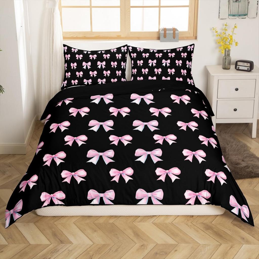 Cute Kawaii Bowknot Kids Duvet Cover Geometric Plaid Butterfly Knot Quilt Cover For Girls Teen Women Adults 3 Pcs No Quilt