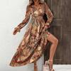 Women Floral Print V-neck Long Sleeve A-Line Dress Spring Summer Casual Elastic High Waist Ankle-Length Dresses