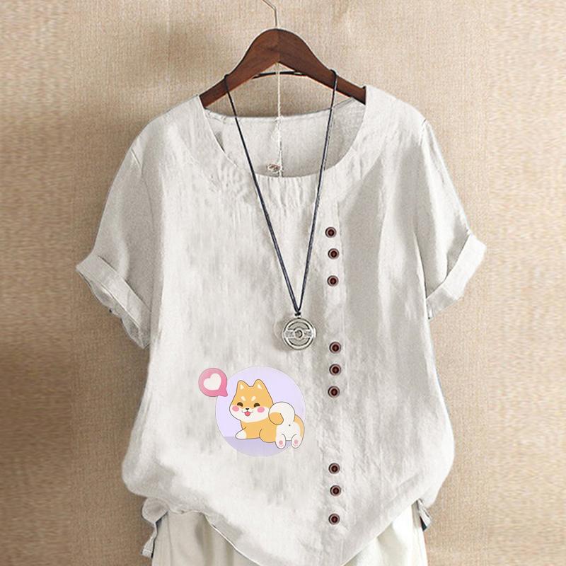 Женская модная футболка с круглым вырезом и коротким рукавом с принтом милой собаки, повседневная рубашка из хлопка и льна с рисунком, свободная летняя блузка для отдыха, топы