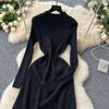 Spring Autumn Women Elegant O-neck Striped Knitted Sweater Long Midi Pullover Dresses