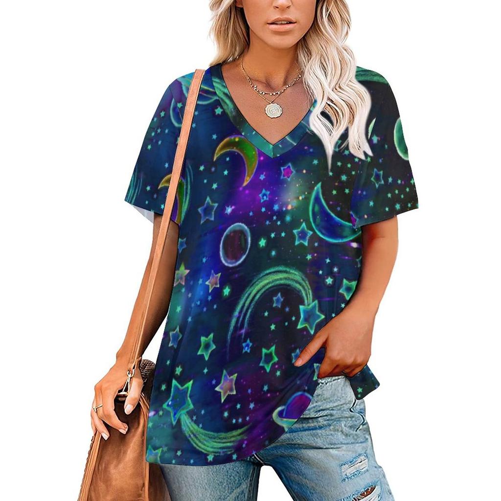 Vintage Moon T-Shirt Tarot Art Collage Retro T Shirts V Neck Short-Sleeve Printed Tshirt Women Classic Top Tees Big Size 3XL 4XL
