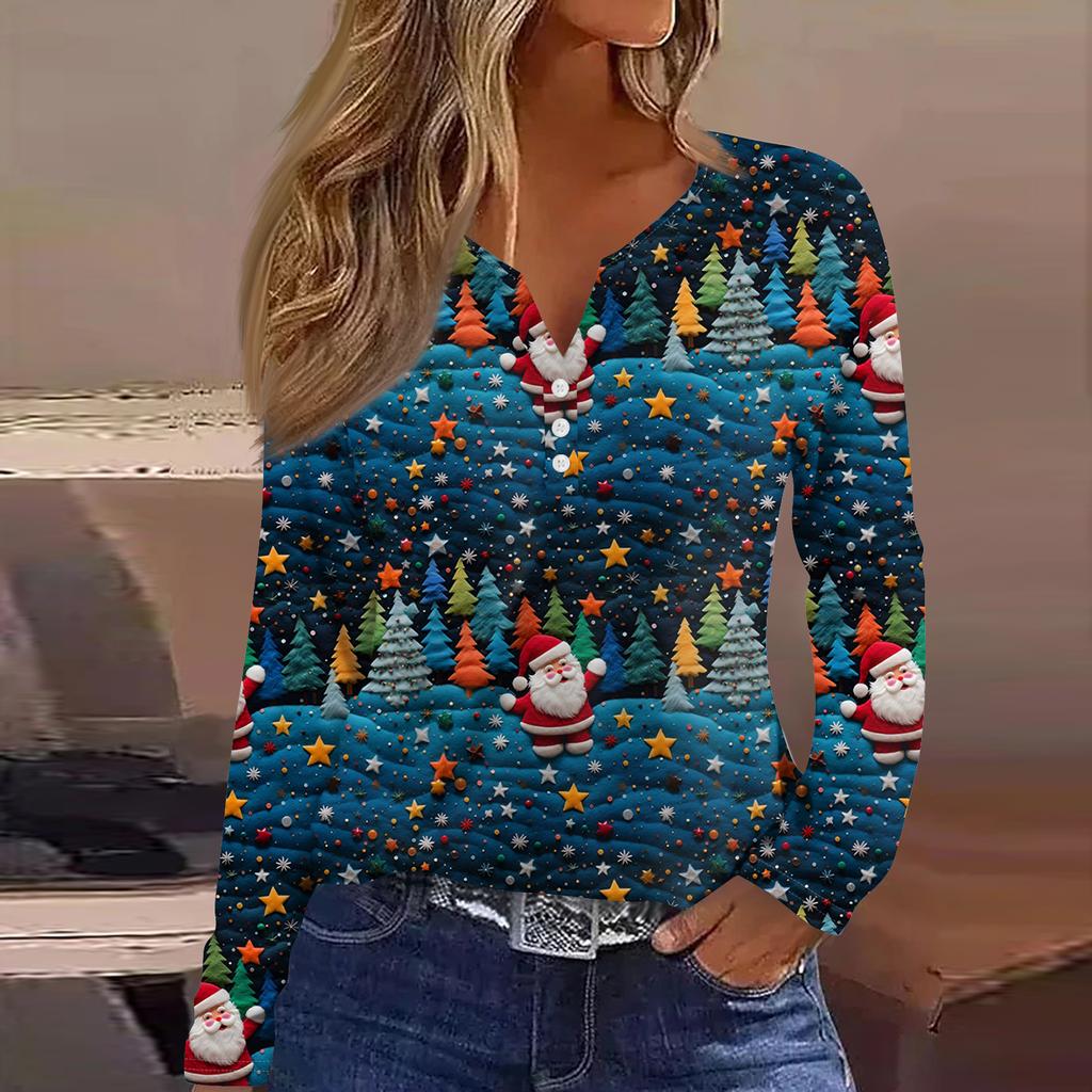 Женская модная повседневная футболка с V-образным вырезом, на пуговицах, с длинным рукавом, с рождественским принтом