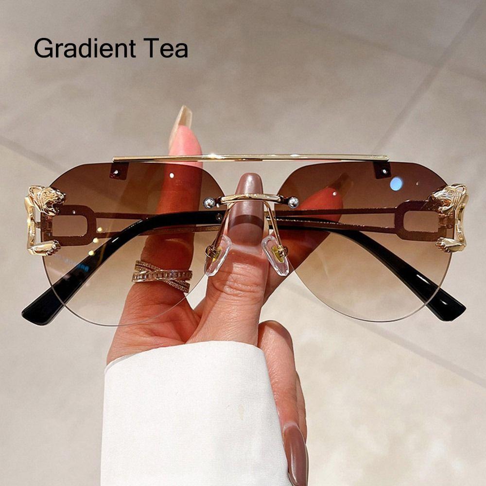 Fashion Rimless Cheetah Decor Sunglasses Gradient Uv400 Double Bridge Sun Glasses Eyewear For Women & Men