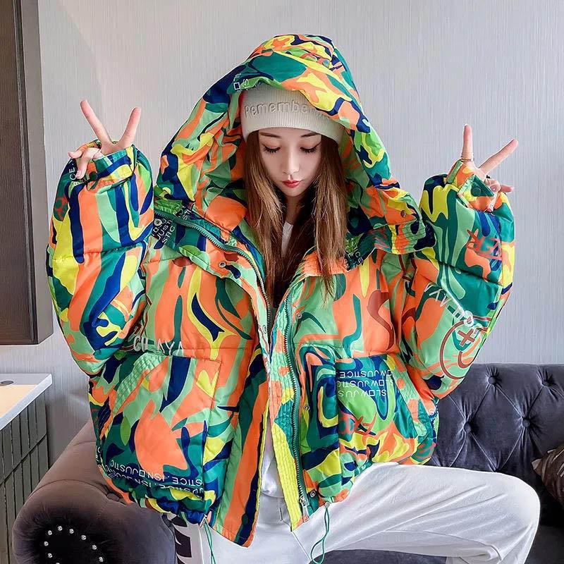 Winter Printed Cotton Jacket Women's Short Hooded Bread Jacket Thicken Fashionable All-match