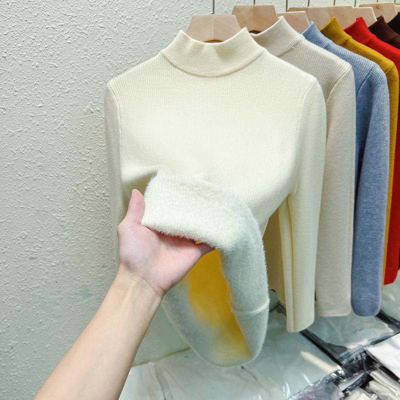Autumn Warm Velvet Knitted Women's Sweater Casual Winter New Thicken Half High Collar Base Pullover Sweaters Elegant Solid Slim Plush Knitwears 25206