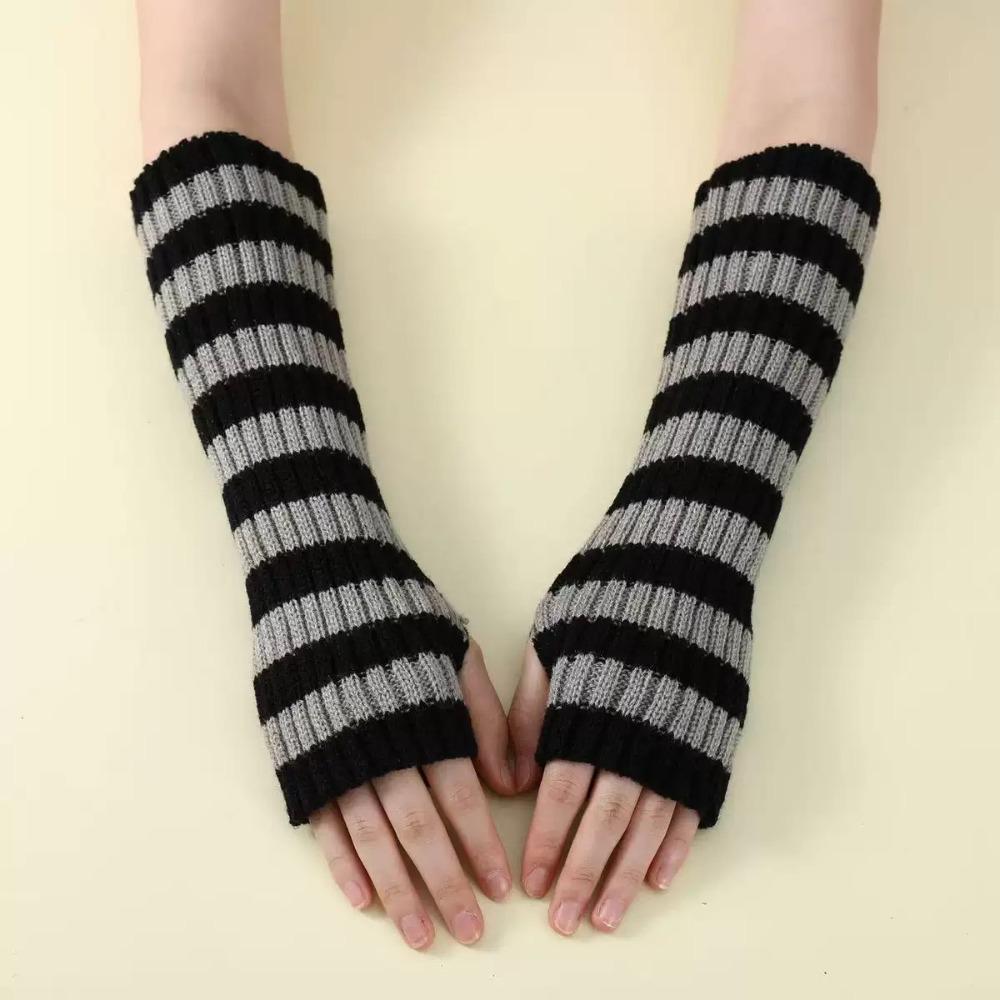 Lolita Long Fingerless Gloves Y2K Fingerless Arm Warmers Arm Cover Striped Knitted Arm Sleeves JK