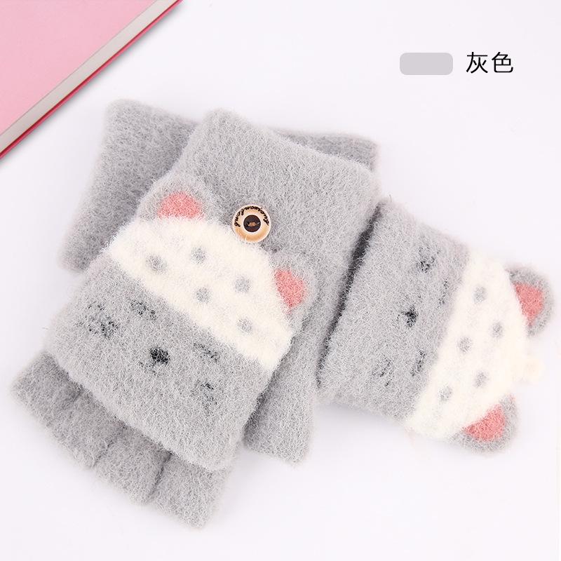 Children's Half-finger Flip Gloves, Primary School Students Write Cute Cartoon Autumn and Winter Piled Thickened Warm Wool Gloves