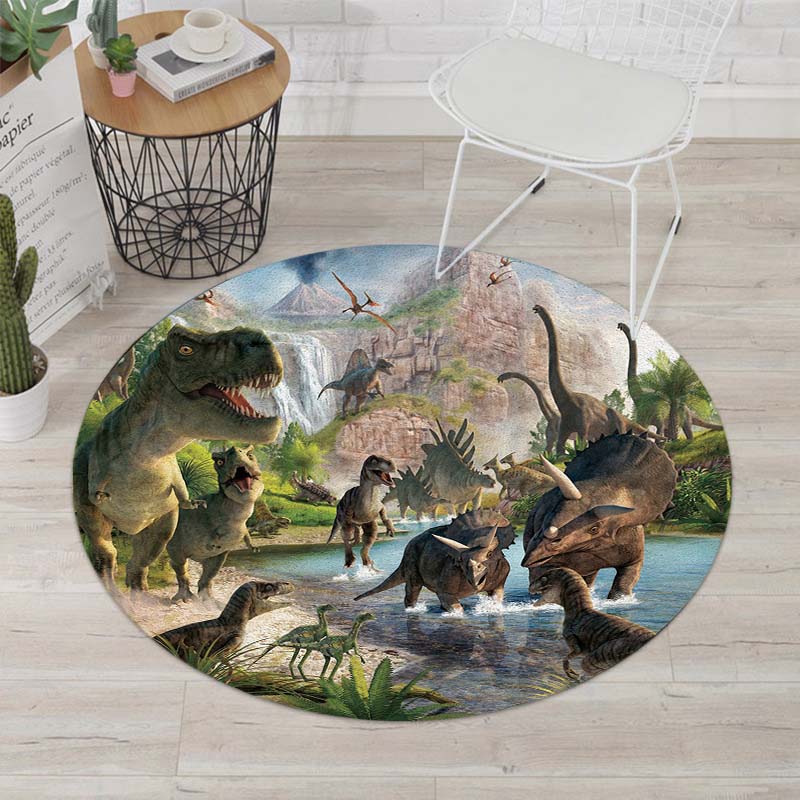 Круглые ковры с динозаврами дикой природы, 3D мощный напольный динозавр с нескользящим ковриком, круглый коврик для комнаты, качественный кухонный коврик с принтом, детский игровой коврик