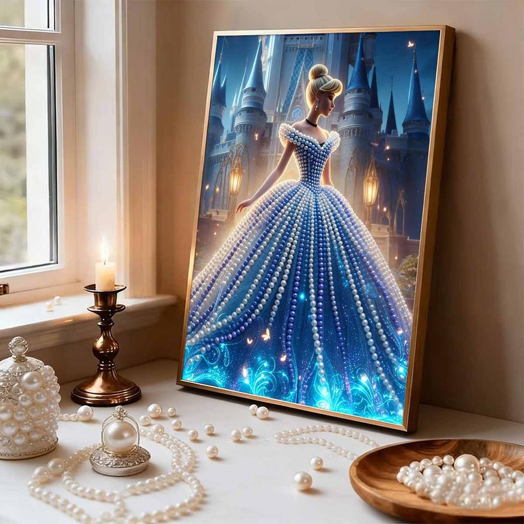 Disney Жемчужная живопись Золушка Синее платье Замок Вид сзади Креативный Изысканный пейзаж Сверкающая картина Ремесло Домашняя настенная декорация DIY Ручная работа Подарок
