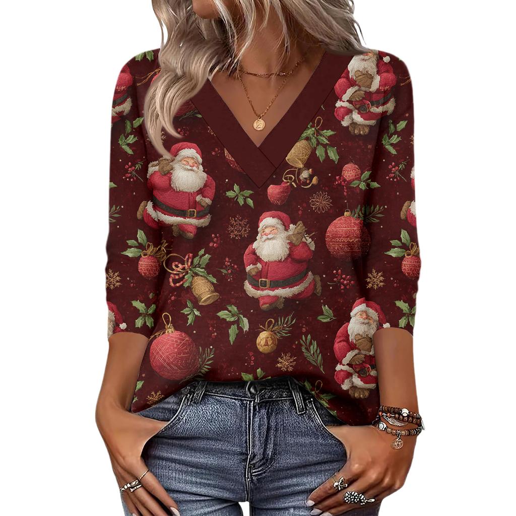 Women's Loose Comfortable Casual Fashion V-Neck Christmas Print 3/4 Sleeve Top