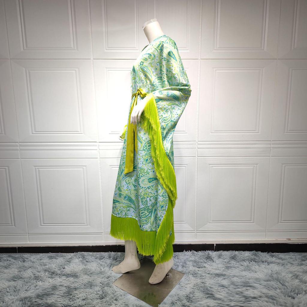 AB256 Зеленое платье с кисточками и рукавами «летучая мышь» в стиле скромной моды для мусульманок больших размеров