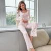 Womens Soft Ribbed Pajama Set With V-Neck Button Front Long Sleeve Top Pants Comfortable Loungewear Home Hotel Sleepwear