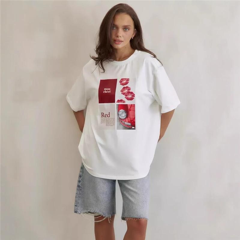 Women's High-End Graffiti-Style Short-Sleeve T-Shirt with Heavy-Duty Shoulder Design
