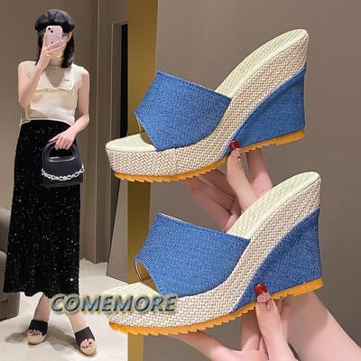 Женские джинсовые эспадрильи Мюли Тапочки Сандалии Мода 2024 года Слипоны на платформе Для отдыха Летние классические туфли на танкетке Высокий каблук Повседневные