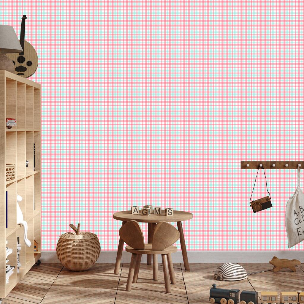 Candy Coral and Light Gray Plaid Wallpaper 50x1000