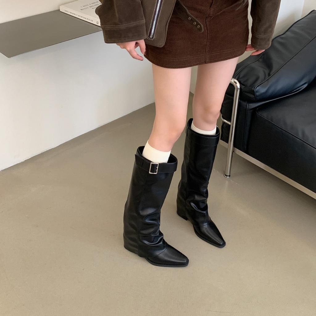 Autumn and winter new thick heel pointed belt buckle piled boots temperament leather surface but knee boots women