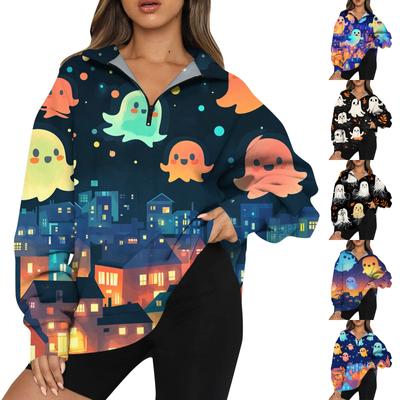 Женская мода повседневная толстовка с длинным рукавом и принтом на молнии с высоким воротом и заниженными плечами