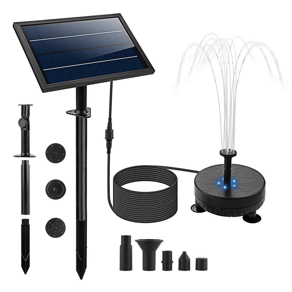 Solar Water Pump with 5 LED Color Light 7pcs Nozzle Kit Solar Fountain Pump 170L/H Max Flow 40-60cm