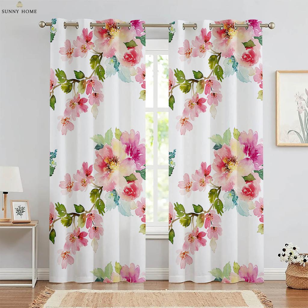 Шторы с акварельным цветочным принтом в пасторальном стиле из полиэфирного волокна, пригодные для машинной стирки, для спальни, гостиной, декоративные шторы, 2 шт.