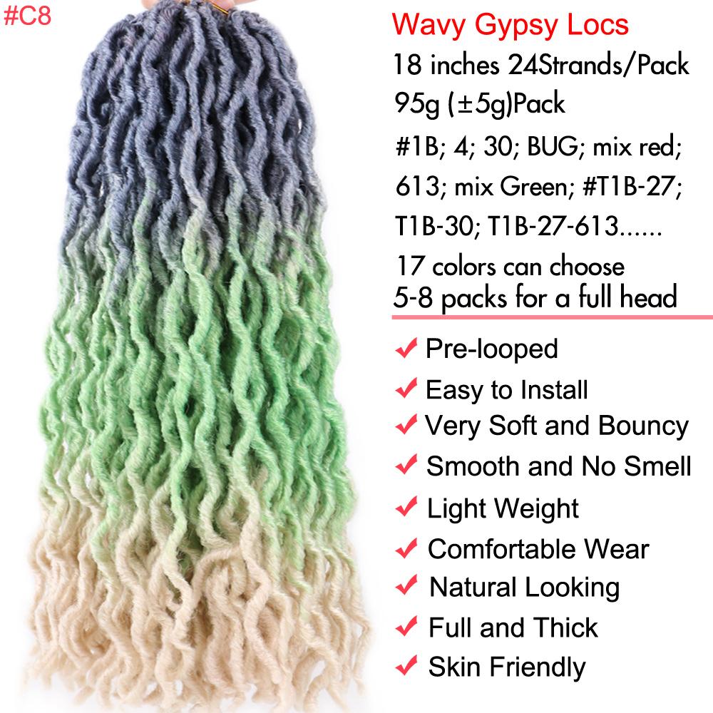 18 Inch Goddess Faux locs Crochet Hair 1- 6 Packs Soft Gypsy Locs Wavy Crochet Braids Dreadlocks 3 Tone Curly Wavy Twists Hair