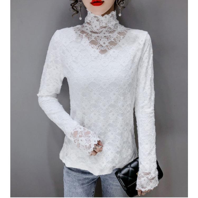 Модные женские топы больших размеров с высоким воротом и кружевом на бретельках, весна и осень, симпатичный однотонный топ-майка