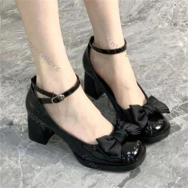 Fashion Comemore Chunky Heel Leather Mary Jane Shoes Spring and Autumn New Pumps Bow Retro High-heeled Shoes for Women Fashion Loafers