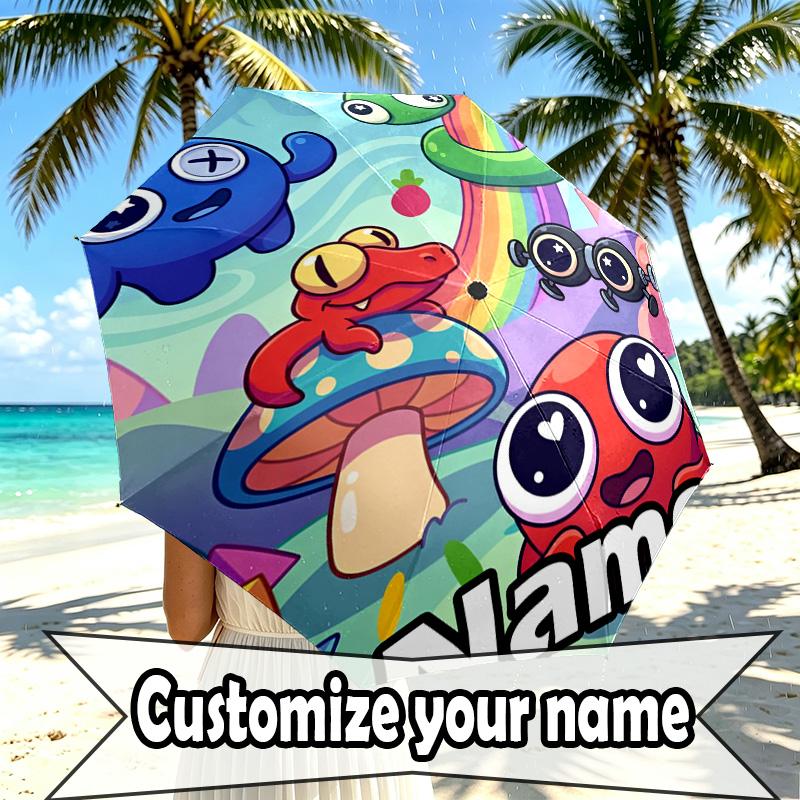 Custom Name Personalized Game Rainbow Friends Print Umbrella, Auto Open Close, 8‑Rib Sturdy Frame, Commute Camping Hiking Use, Birthday Gift