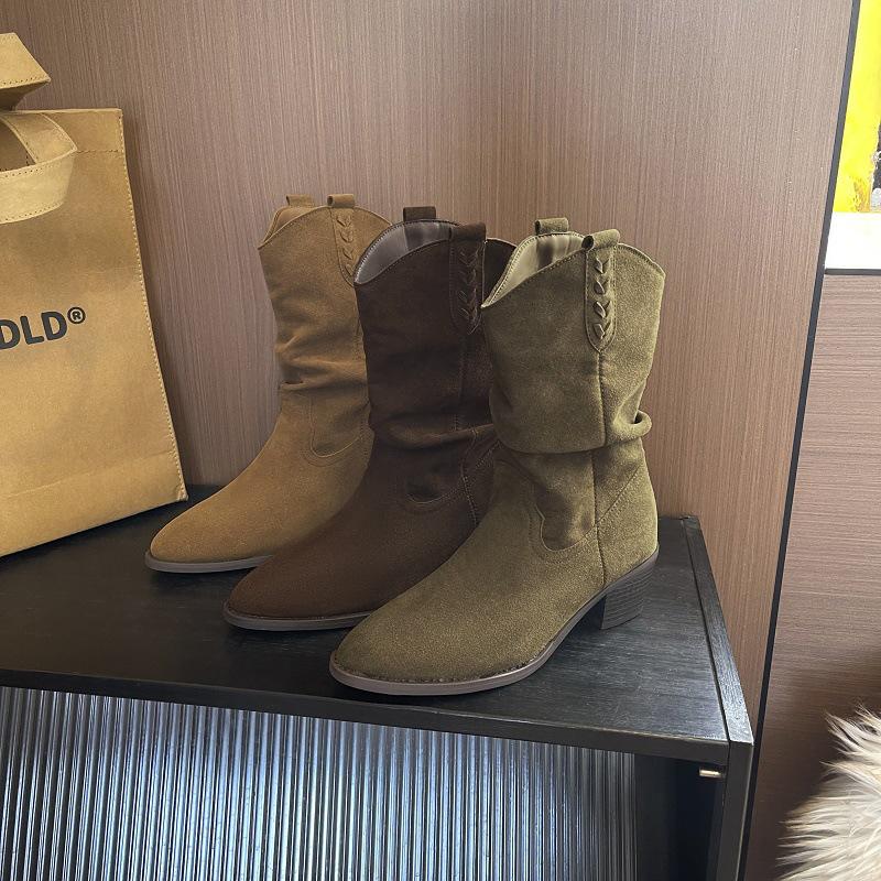 Binli Women's Autumn Brown Western Ankle Boots - Faux Leather Cowboy Style with Stacked Heel, European and American Fashion.