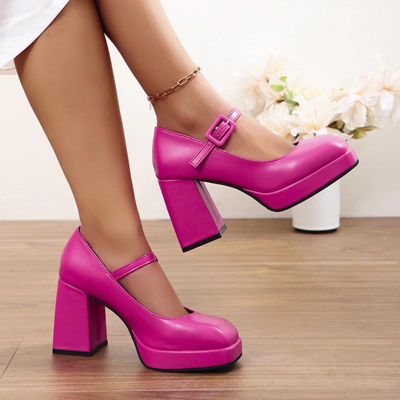 Женские туфли на высоком каблуке с пряжкой из искусственной кожи с толстой подошвой, повседневные офисные туфли с квадратным носком, женские туфли-лодочки большого размера