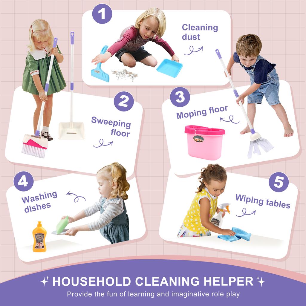 12 шт./компл. Набор для уборки Имитация набора для домашних дел с метлой, совком, ведром, шваброй Образовательные игрушки для ролевых игр для детей Подарки