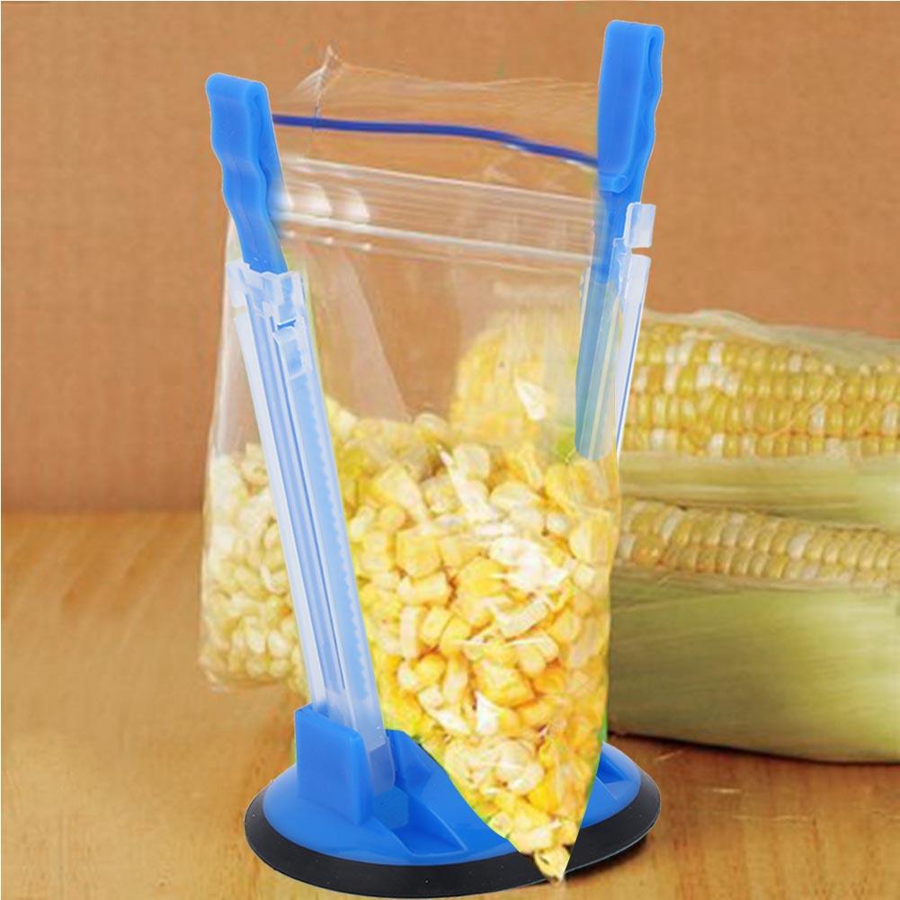 Adjustable Hands Free Baggy Rack Clip Kitchen Food Storage Bag Opener Holder Anti Slip (Blue)