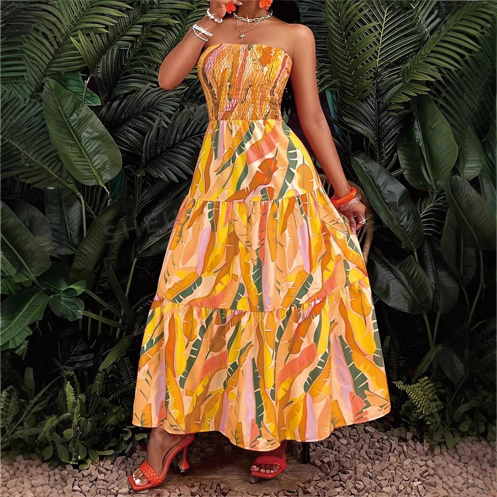Женское сексуальное платье без бретелек с эластичной талией и принтом, длинное платье