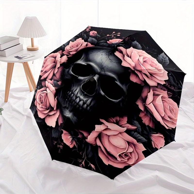 1pc Skull in Bloom Pattern Automatic, 8 Iron Frames, High-Value Folding Umbrella, Travel and Outdoor Adventure.C060