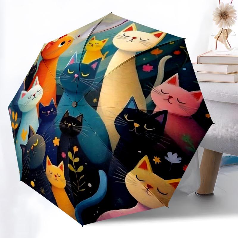 1 шт. Автоматический складной зонт Feline Fantasy Whiskered Wonderland, Автоматическое открытие/закрытие, Автоматическое складывание, Прочный каркас с 8 ребрами, Портативный для путешествий