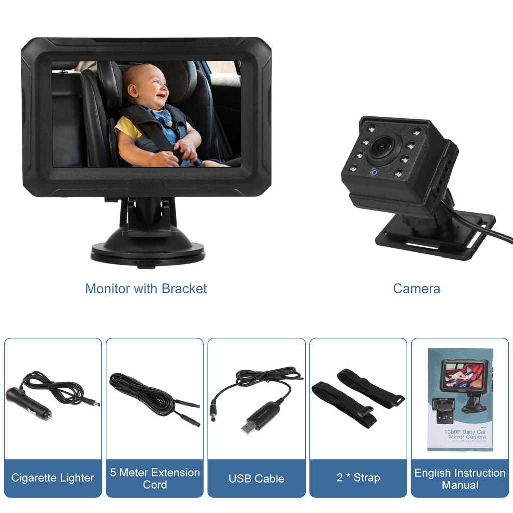 Baby Car Mirror, 1080P Baby Monitor with Camera USB Plug, 4.3  Baby Camera with Night Vision, 150 degrees  Wide View
