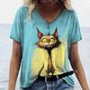 Футболка с изображением животных для женщин с принтом кошек, летние повседневные топы с коротким рукавом, женская свободная одежда, модный уличный свитер с V-образным вырезом