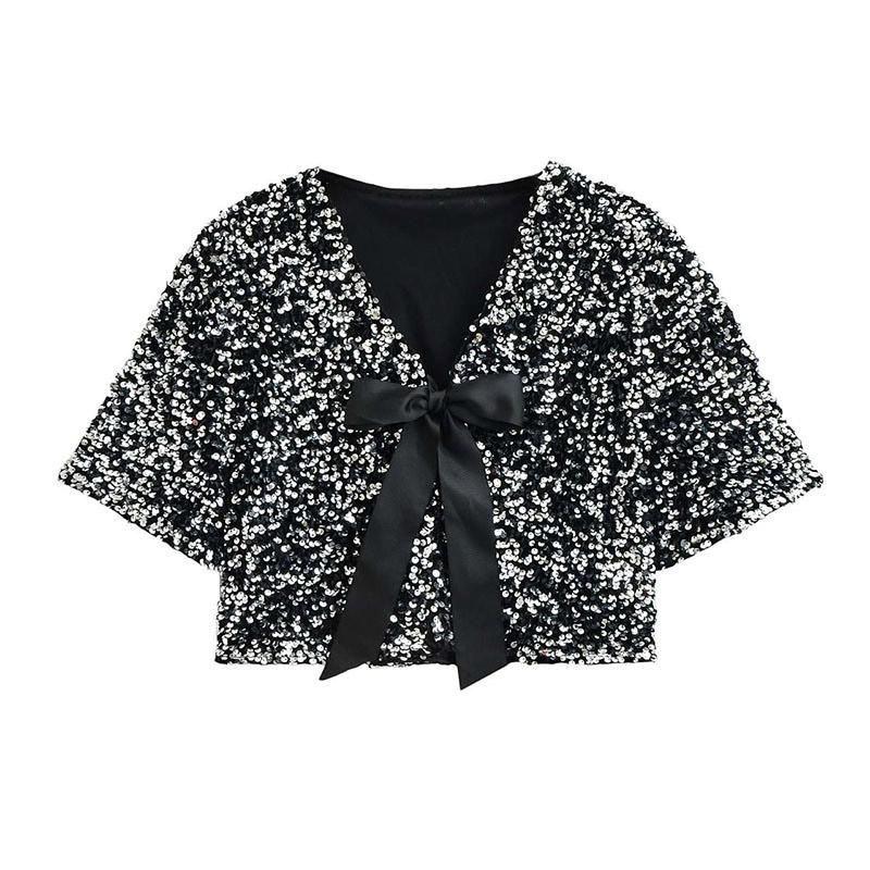 Женская рубашка с короткими рукавами и V-образным вырезом, бантом, шнуровкой, пайетками, милые однотонные блузки, весна-лето 2025 года