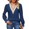 Women's Autumn Summer V-neck Lace Patchwork Long Sleeved T-shirt Casual Top